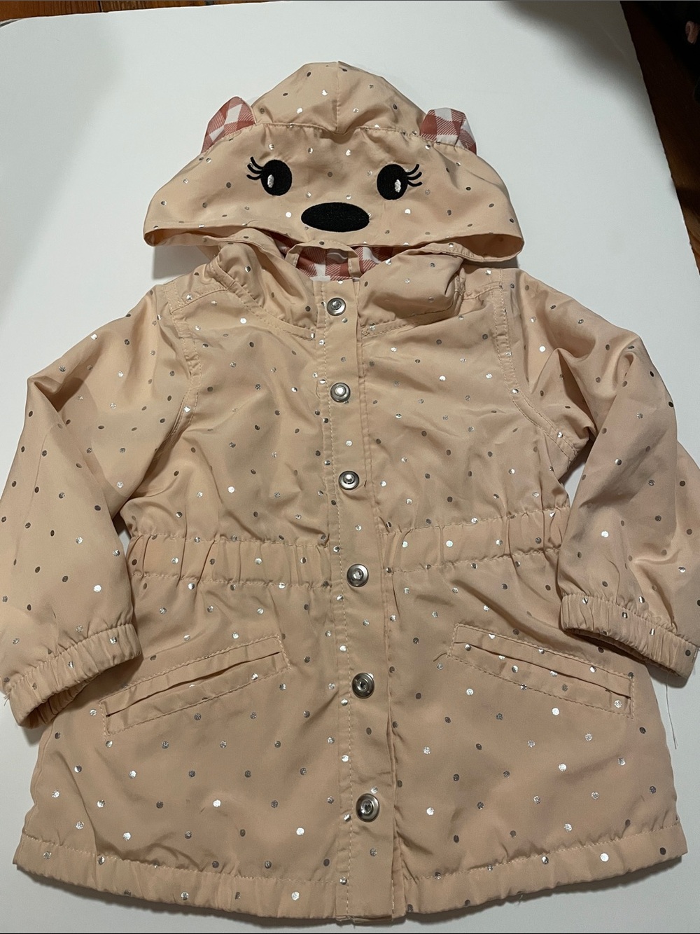 Young Hearts Toddler Girl Size 2T Beige Bear Hooded Raincoat Silver Dots Pockets